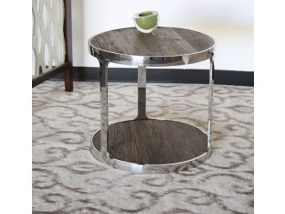 Round Reclaimed Wood End Table with Polished Chrome Steel Base
