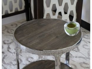 Round Reclaimed Wood End Table with Polished Chrome Steel Base
