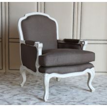 Oly French Style Club Chair with Anitique White Frame and Walnut Linen Upholstery