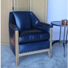 Blue Leather Club Chair with Nailhead Trim and Natural Reclaimed Wood Frame